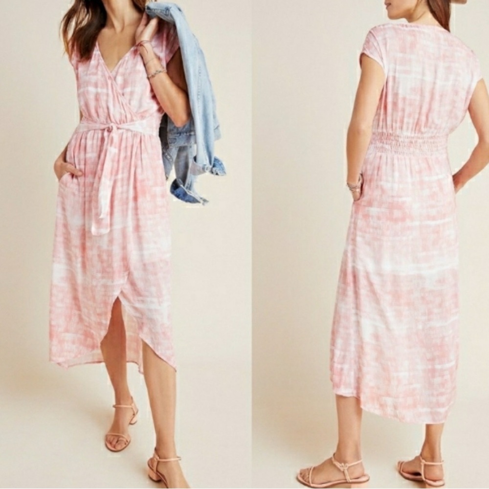 CLOTH & STONE x ANTHROPOLOGIE Pink Tie Dye Faux Wrap Sash Waist Midi Dress XS